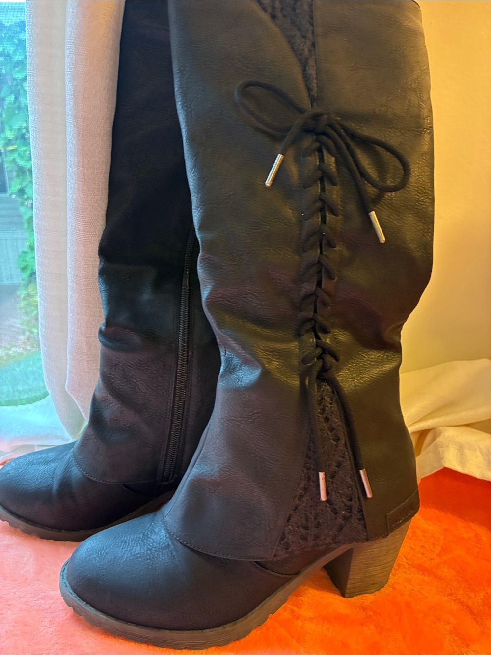 Muk Luks Black Mid-Calf Block Heel Boots with Lace-Up/Sweater Details- Size 8 - Picture 7 of 16